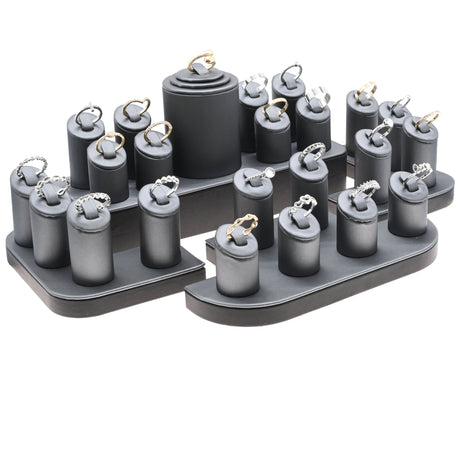 Steel Grey Leatherette Ring Display Set - Holds 23 Rings