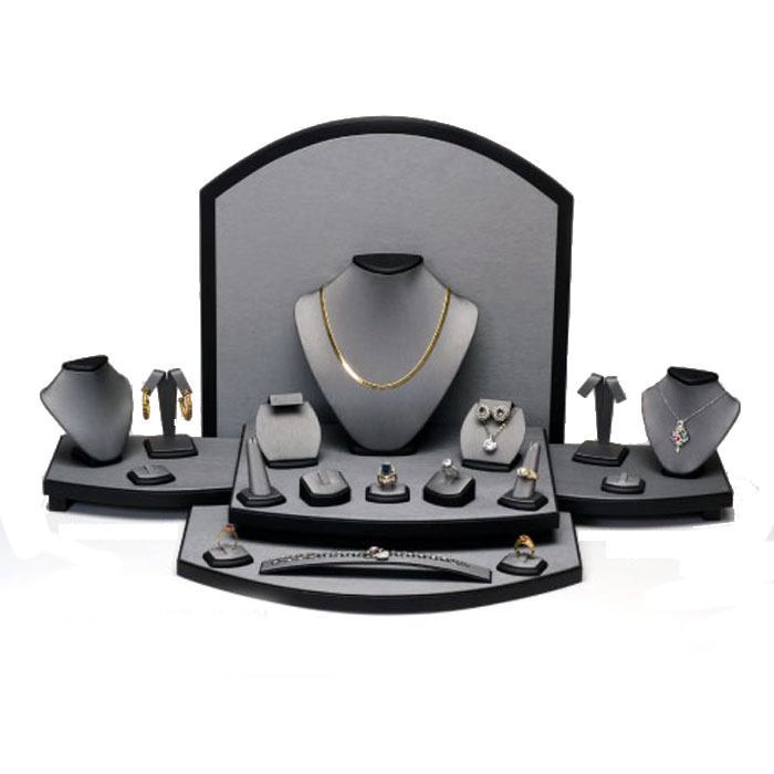 22-Piece Steel Grey & Black Leatherette Jewelry Showcase Display Set