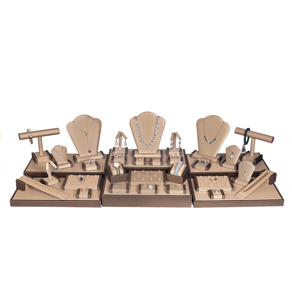 35-Piece Champagne Gold W/ Luna Bronze Leatherette Trim Jewelry Showcase Display Set