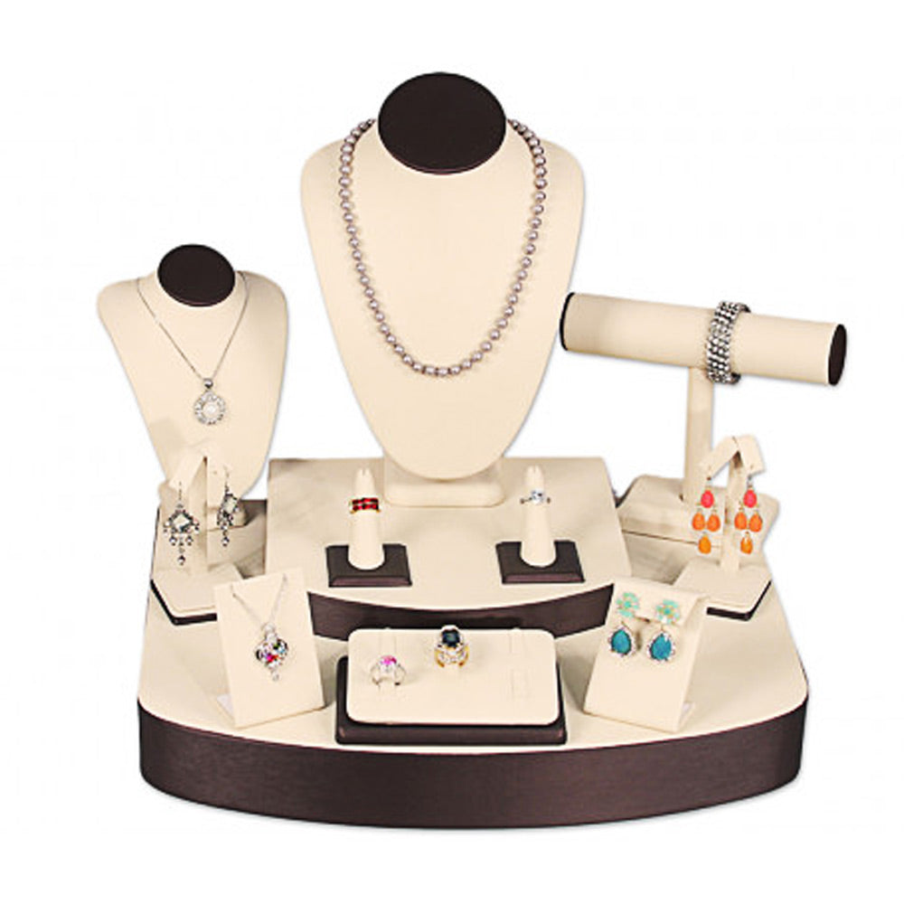 12-Piece Beige & Brown Steel Leatherette Jewelry Display Set 