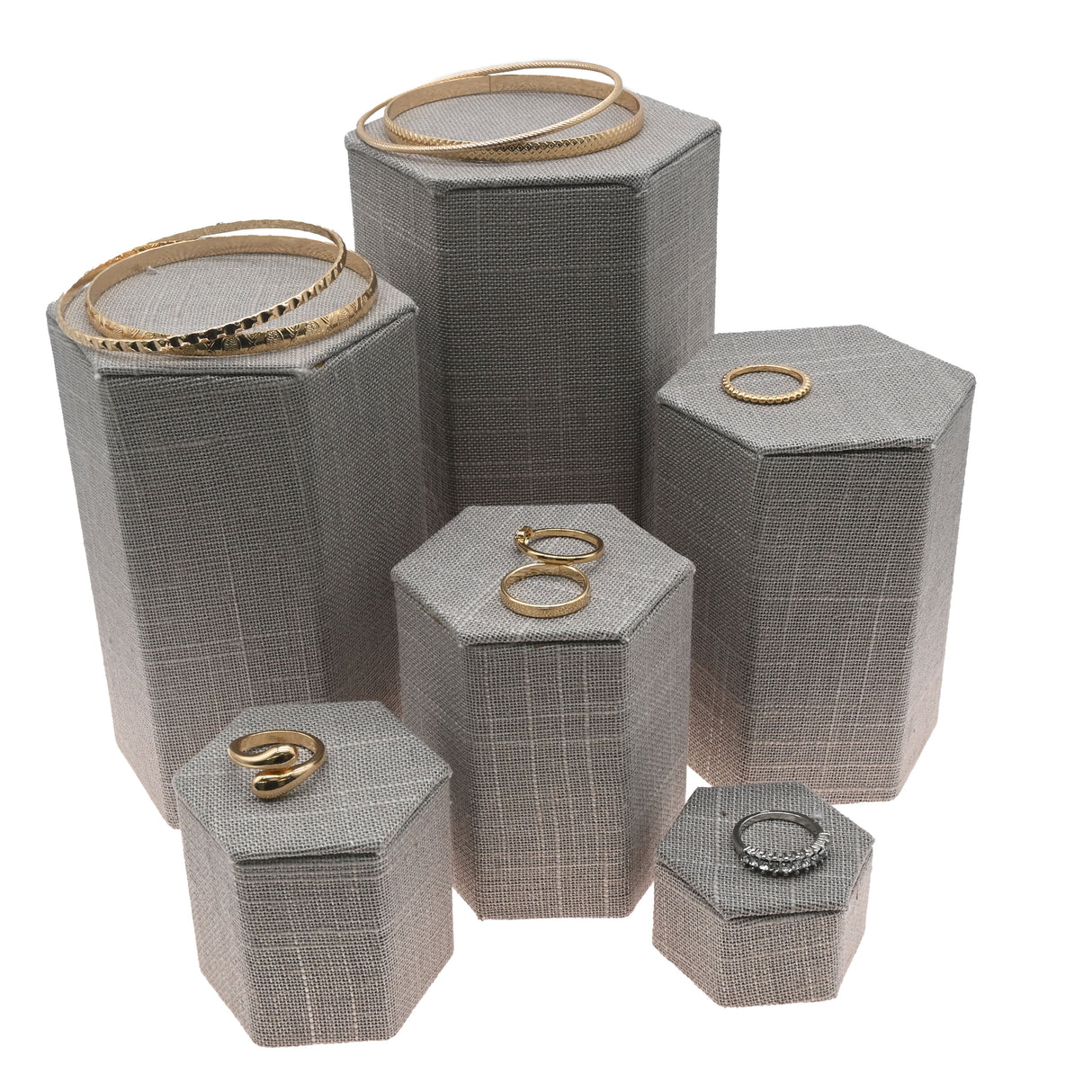 Grey Linen Jewelry Display Shelf Riser Set, 6 Pieces