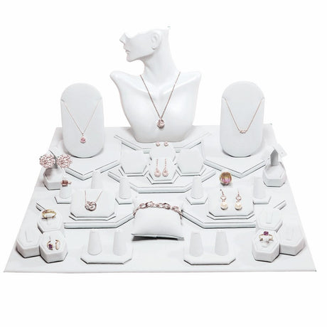 34-Piece White Faux Leather Jewelry Showroom Display Set