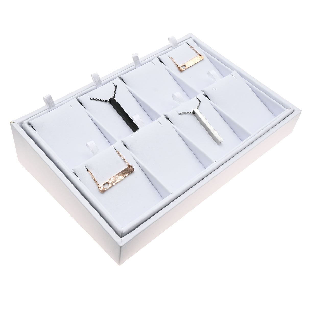 White Leatherette Pendant Display Tray – 8 Compartments
